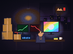 Pixel art: a business owner at night in a loft office facing four glowing monitors with charts that disagree, shipping boxes stacked high and a yellow sponge on the desk.