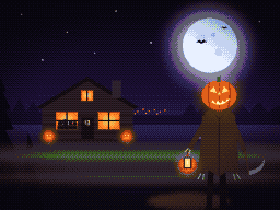 Pixel art: a log cabin by a misty lake at night, teenagers in a lit window, and a tall scarecrow with a glowing jack-o'-lantern head standing outside.