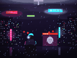 Pixel art: a runner on a neon street in the rain under ad-blimps, a woman's ghostly face glowing in a noodle bar window.