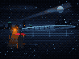 Pixel art: a figure with a red umbrella under a streetlamp on a rainy quay, a glowing glass bridge over a night lake.