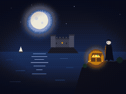 Pixel art: a cloaked man on a moonlit cliff beside an open chest of gold, looking across the sea at a fortress on a black rock.