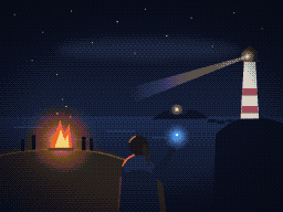 Pixel art: a girl on a night beach holding up glowing blue sea glass, a bonfire behind her and a flashlight in a dead lighthouse.
