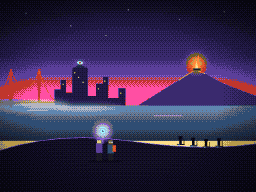 Pixel art: two founders holding a glowing disc above the bay, a flaming sculpture on a mountain.